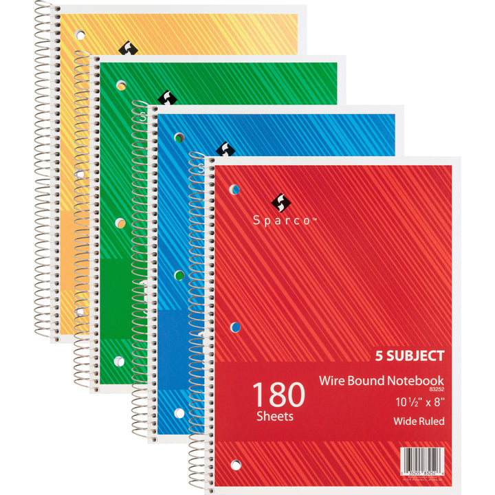 Image of Sparco Notebooks,5 Subject,3HP,10-1/2"x8",Wide Ruled,180 Sht,AST