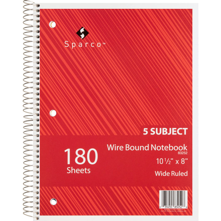 Image of Sparco Notebooks,5 Subject,3HP,10-1/2"x8",Wide Ruled,180 Sht,AST