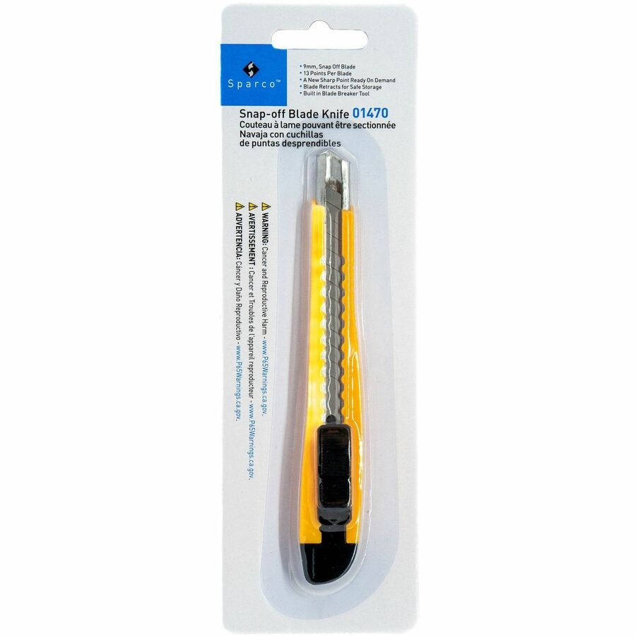 Image of Sparco 01470 Fast-Point Snap-Off Blade Knife, 5.75" Blade Length, Pocket Clip, Locking Blade, Yellow, 1 Each