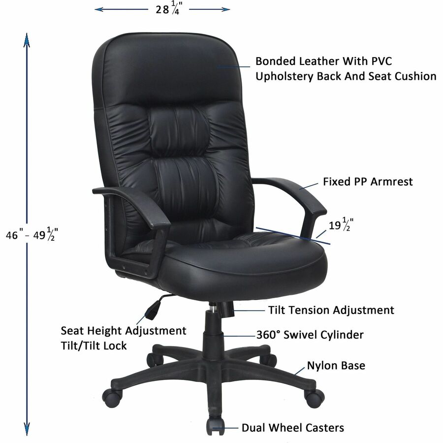 Image of Lorell 60116 Tufted Executive High-Back Office Chair, Black Seat Color, Leather Seat Material, Black Frame Color, 5-star Base, Black, 1 Each