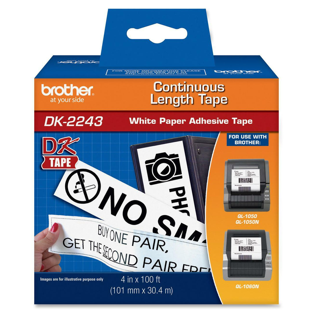 Image of Brother DK2243 Continuous Length Paper Labels, x 4" Width, Direct Thermal, White, Paper, 1 Box