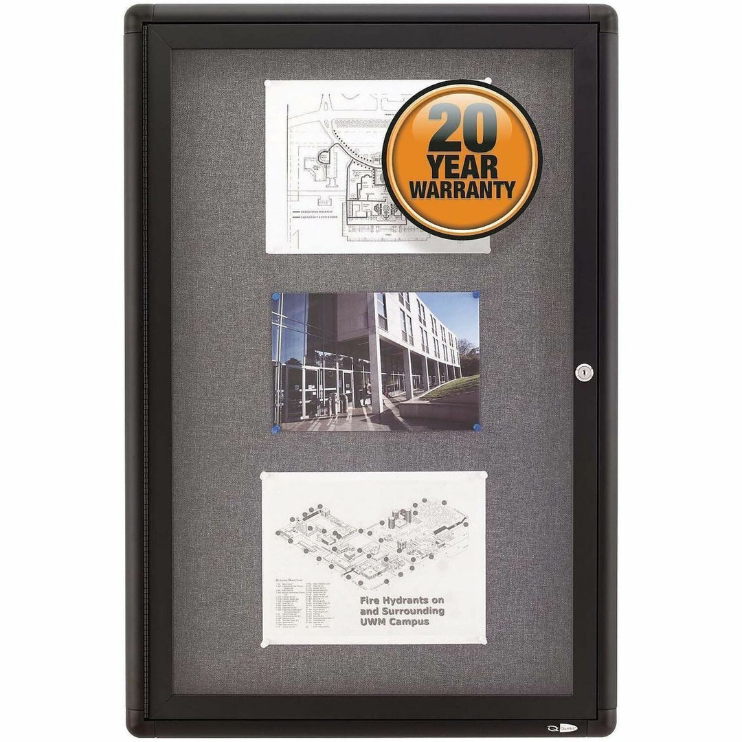 Image of Quartet® Enclosed Indoor Fabric Bulletin Board with One Hinged Door, 24" x 36", Gray Surface, Graphite Gray Aluminum Frame