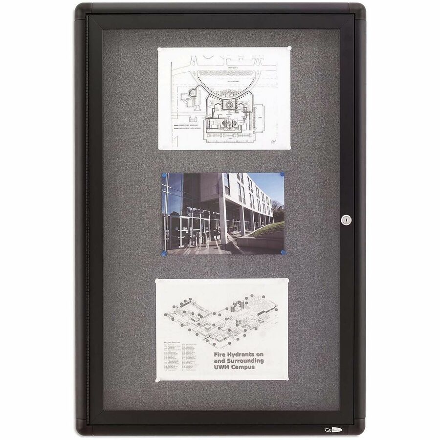 Image of Quartet® Enclosed Indoor Fabric Bulletin Board with One Hinged Door, 24" x 36", Gray Surface, Graphite Gray Aluminum Frame