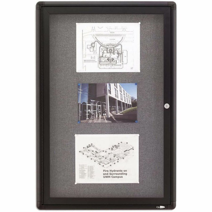 Image of Quartet® Enclosed Indoor Fabric Bulletin Board with One Hinged Door, 24" x 36", Gray Surface, Graphite Gray Aluminum Frame