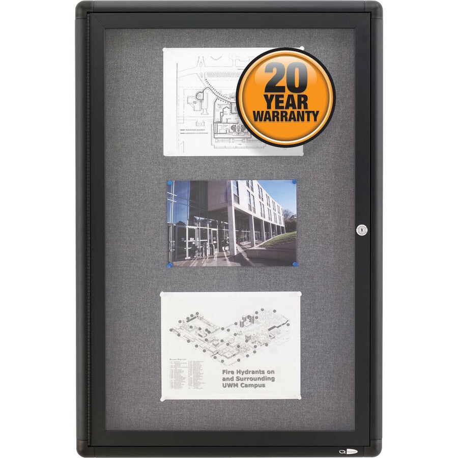 Image of Quartet® Enclosed Indoor Fabric Bulletin Board with One Hinged Door, 24" x 36", Gray Surface, Graphite Gray Aluminum Frame