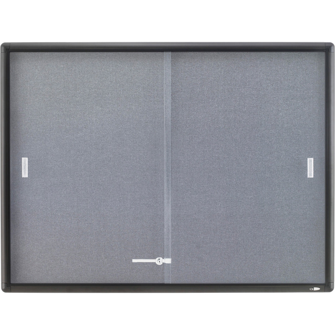 Image of Quartet® Enclosed Indoor Cork/Fabric Bulletin Board with 2 Sliding Glass Doors, 48" x 36", Gray Surface, Graphite Gray Aluminum Frame