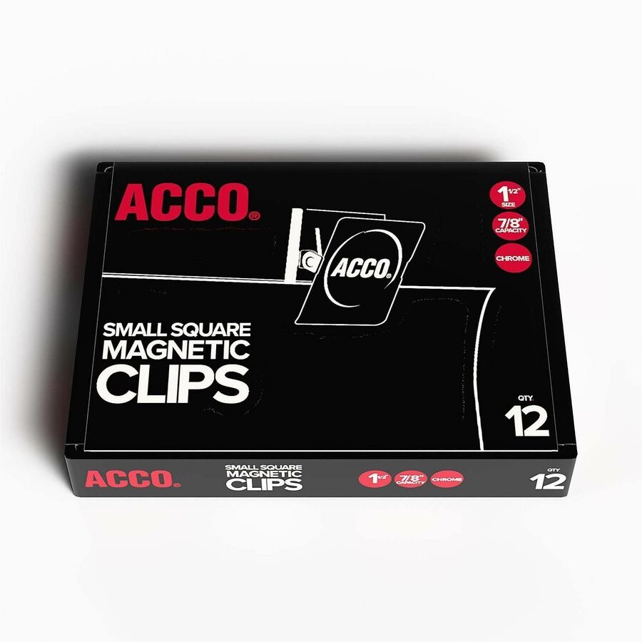 Image of ACCO A7072131 Square Magnetic Clip, Small, 1.5" Length, 0.88" Size Capacity, Magnetic, Rust Resistant, Silver, Metal, Chrome, 12 / Box