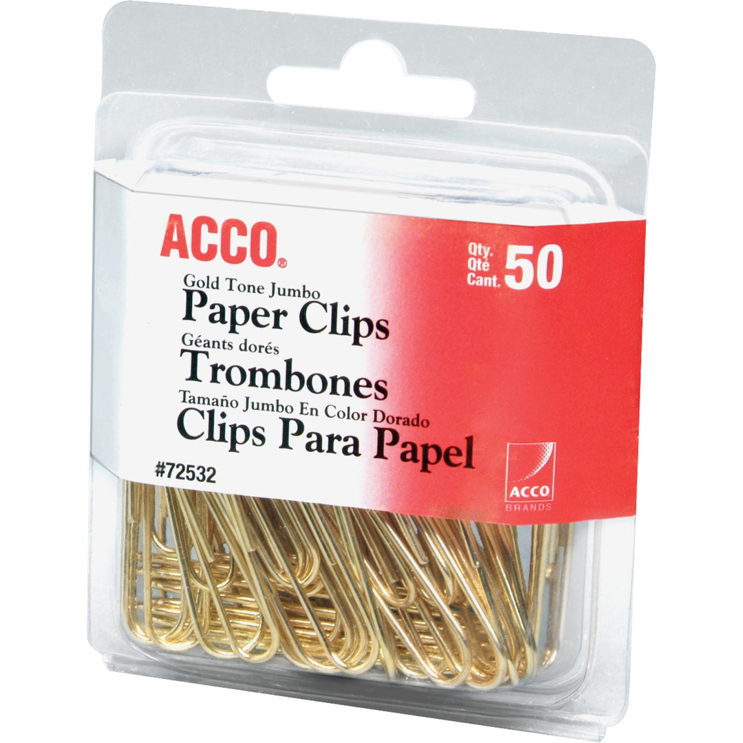 Image of ACCO A7072532 Paper Clips, Jumbo, 20 Sheet Capacity, Long Lasting, Durable, Gold, 50 / Pack