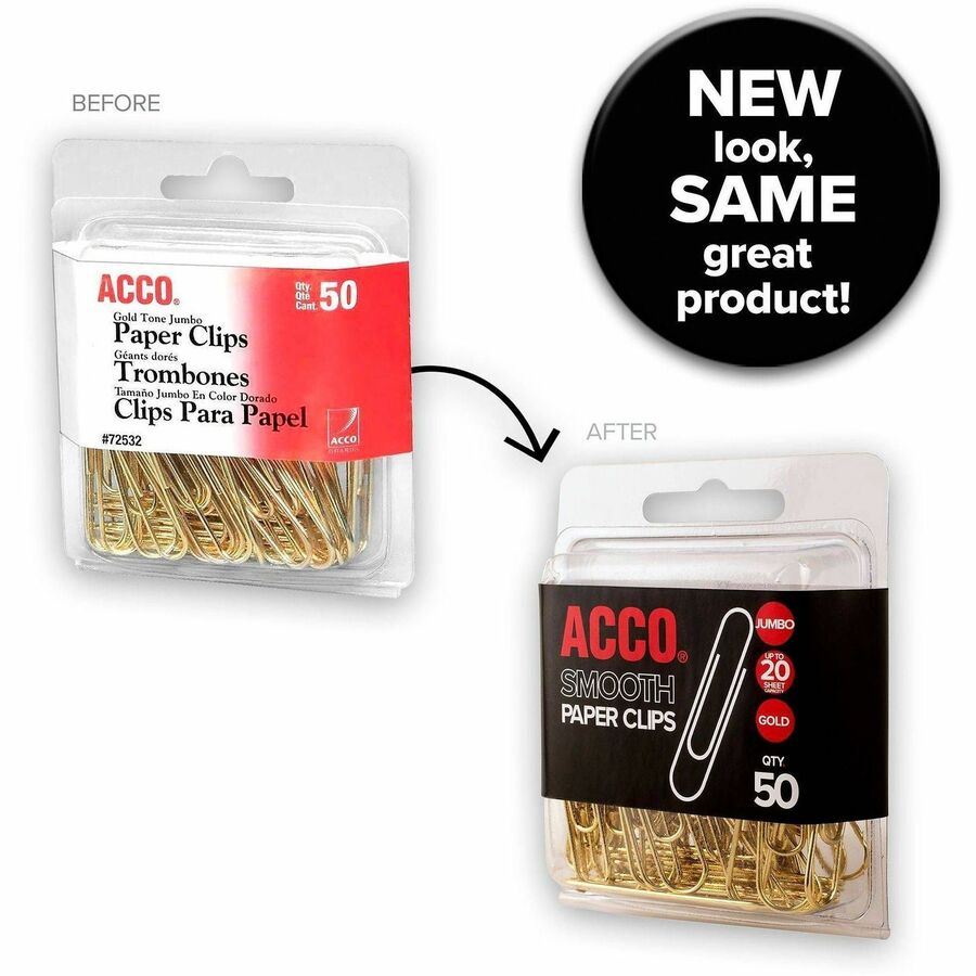 Image of ACCO A7072532 Paper Clips, Jumbo, 20 Sheet Capacity, Long Lasting, Durable, Gold, 50 / Pack