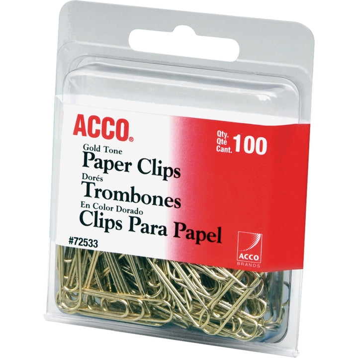 Image of ACCO A7072533 Paper Clips, No. 2, 10 Sheet Capacity, Long Lasting, Durable, Gold, Metal, 100 / Pack