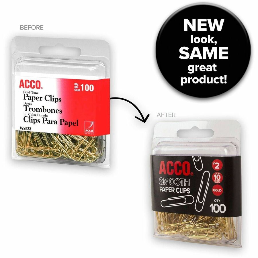 Image of ACCO A7072533 Paper Clips, No. 2, 10 Sheet Capacity, Long Lasting, Durable, Gold, Metal, 100 / Pack