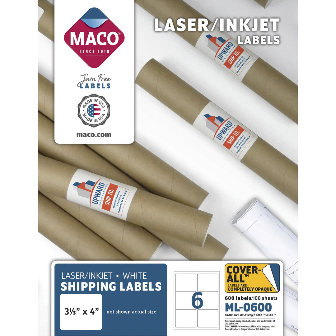 Image of MACO® Shipping Labels, 3-1/3"x4", 600/BX, White