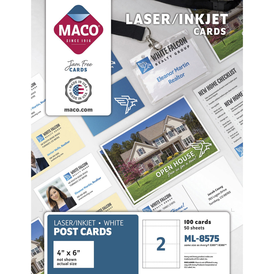 Image of MACO® Unruled Microperforated Laser/inkjet Post Cards, 4 X 6, White, 100 Cards, 2 Cards/sheet, 50 Sheets/box