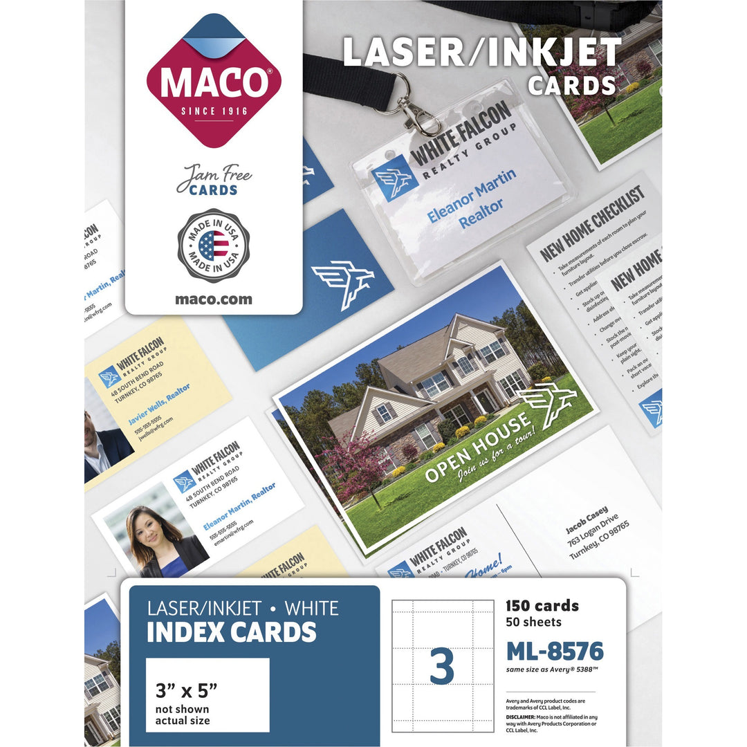Image of MACO® Unruled Microperforated Laser/inkjet Index Cards, 3 X 5, White, 150 Cards, 3 Cards/sheet, 50 Sheets/box