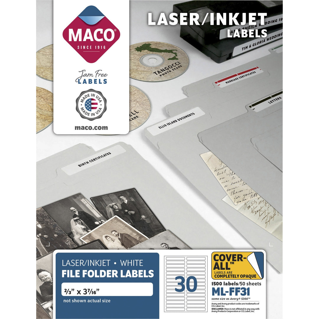 Image of MACO® Cover-All Opaque File Folder Labels, Inkjet/laser Printers, 0.66 X 3.44, White, 30 Labels/sheet, 50 Sheets/box