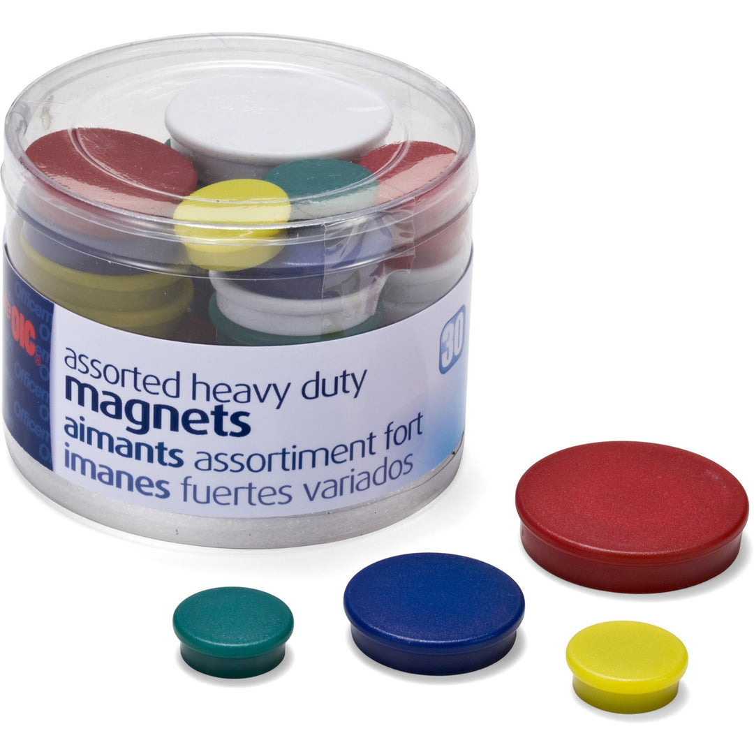 Image of Officemate 92501 Heavy-Duty Assorted Magnets, 12 x Small, 12 x Medium, 6 x Large, 1 Each, Red, Yellow, White, Blue, Green