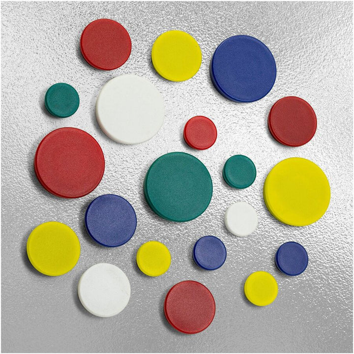 Image of Officemate 92501 Heavy-Duty Assorted Magnets, 12 x Small, 12 x Medium, 6 x Large, 1 Each, Red, Yellow, White, Blue, Green