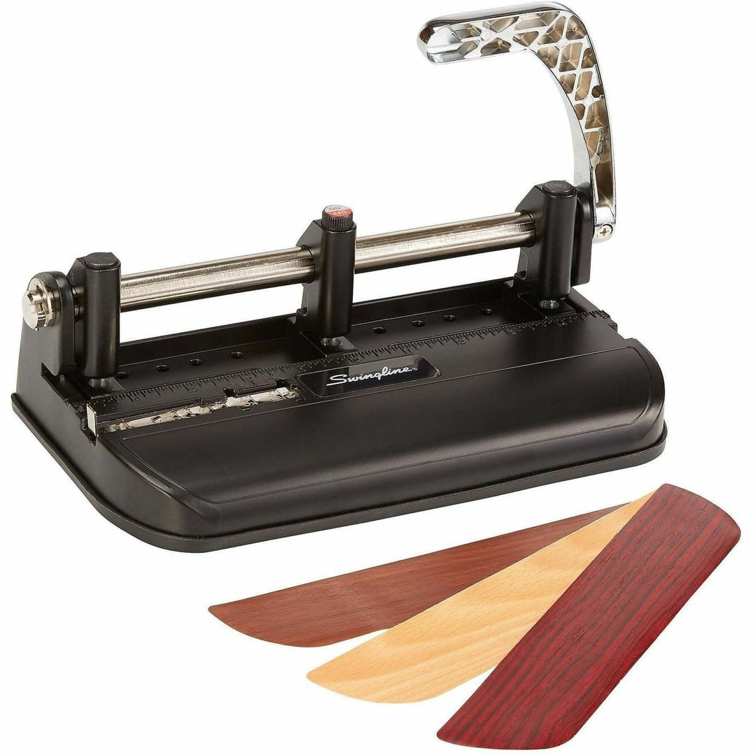 Image of Swingline® 40-Sheet Accented Heavy-Duty Lever Action Two- To Seven-Hole Punch, 11/32" Holes, Black/woodgrain