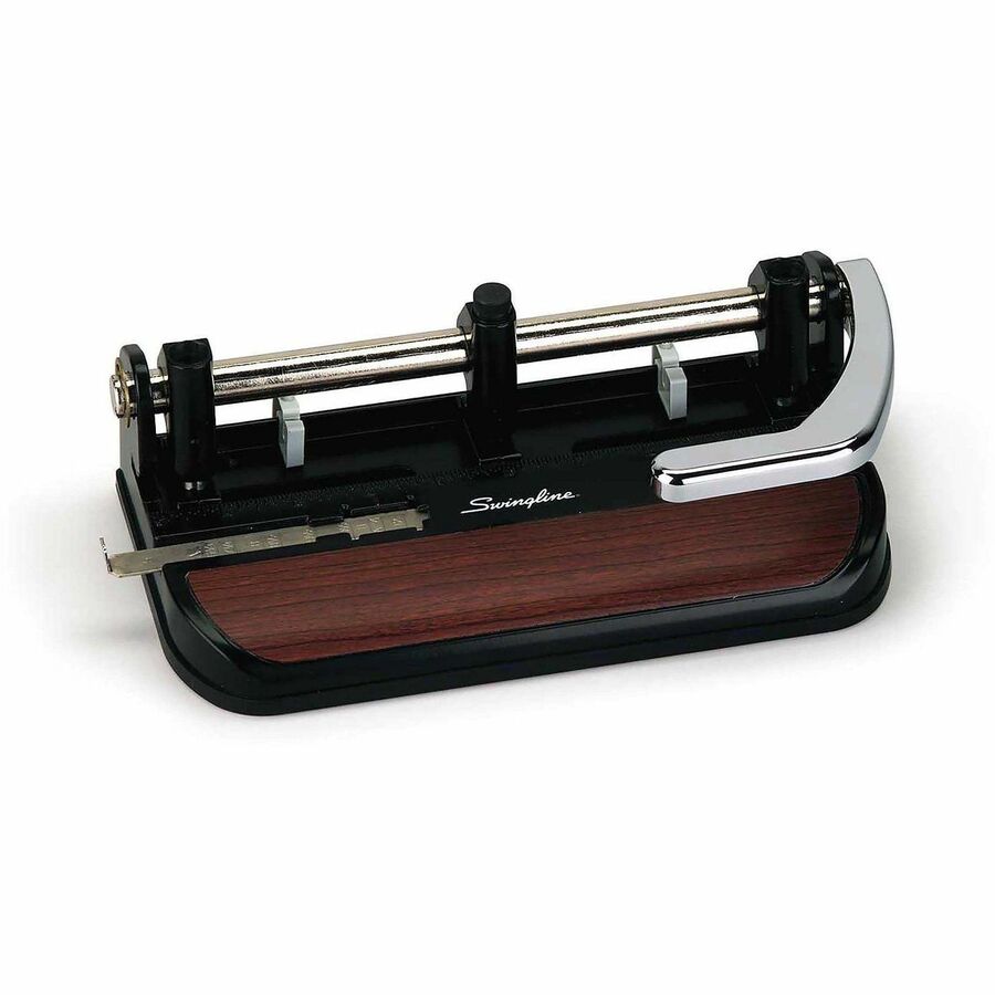 Image of Swingline® 40-Sheet Accented Heavy-Duty Lever Action Two- To Seven-Hole Punch, 11/32" Holes, Black/woodgrain