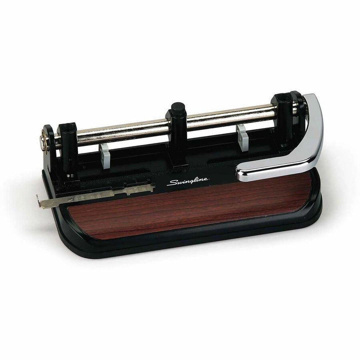 Image of Swingline® 40-Sheet Accented Heavy-Duty Lever Action Two- To Seven-Hole Punch, 11/32" Holes, Black/woodgrain