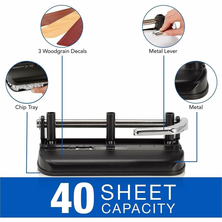 Image of Swingline® 40-Sheet Accented Heavy-Duty Lever Action Two- To Seven-Hole Punch, 11/32" Holes, Black/woodgrain