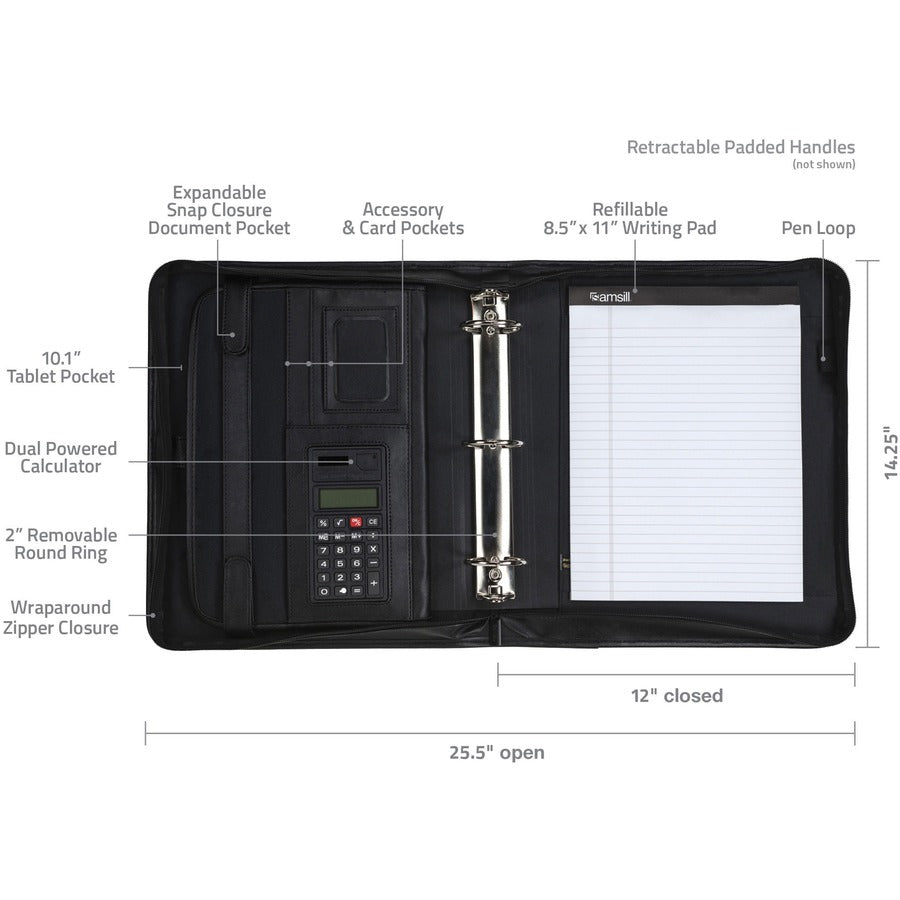 Image of Samsill® Zipper Binder,Letter,Retractable Handles,2 Exterior Pckts,BK
