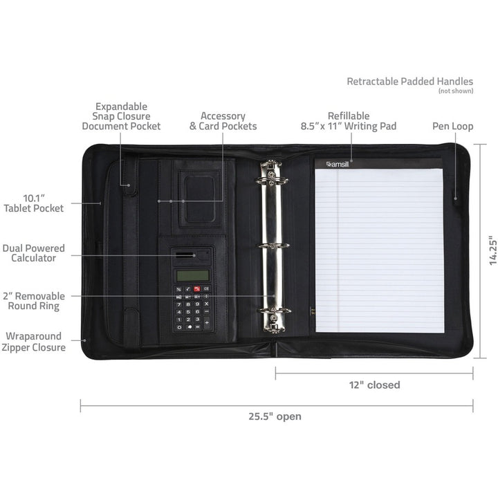 Image of Samsill® Zipper Binder,Letter,Retractable Handles,2 Exterior Pckts,BK