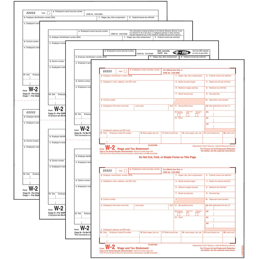 Image of Adams® 4-Part W-2 Tax Forms with Tax Forms Helper, Fiscal Year: 2024, Four-Part Carbonless, 8.5 x 5.5, 2 Forms/Sheet, 50 Forms Total