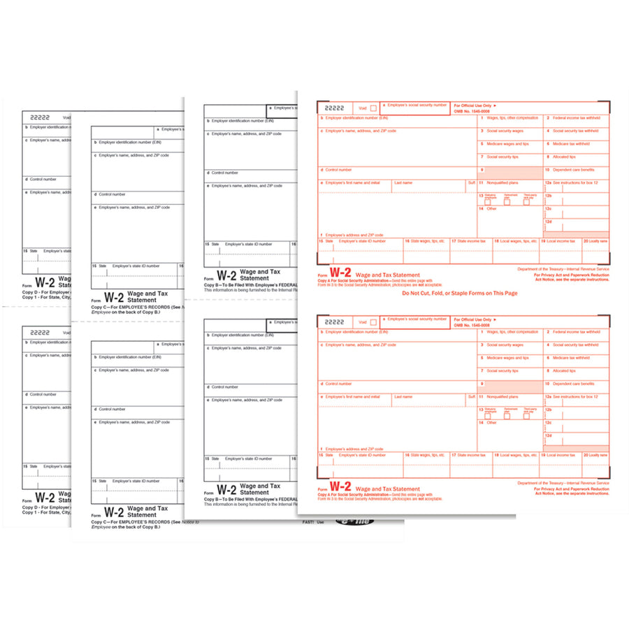 Image of Adams® 4-Part W-2 Tax Forms with Tax Forms Helper, Fiscal Year: 2024, Four-Part Carbonless, 8.5 x 5.5, 2 Forms/Sheet, 50 Forms Total