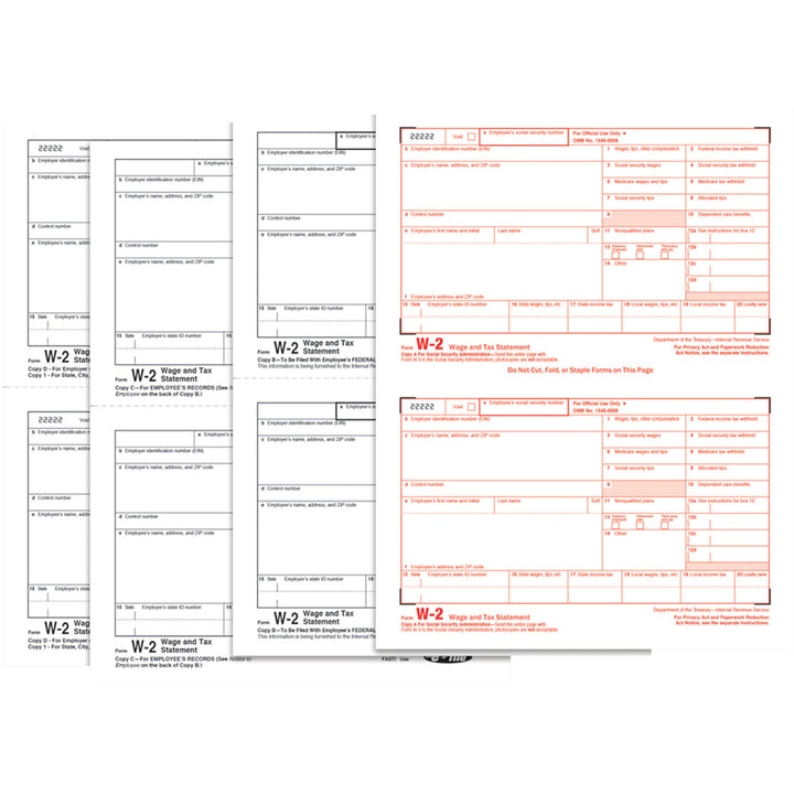 Image of Adams® 4-Part W-2 Tax Forms with Tax Forms Helper, Fiscal Year: 2024, Four-Part Carbonless, 8.5 x 5.5, 2 Forms/Sheet, 50 Forms Total