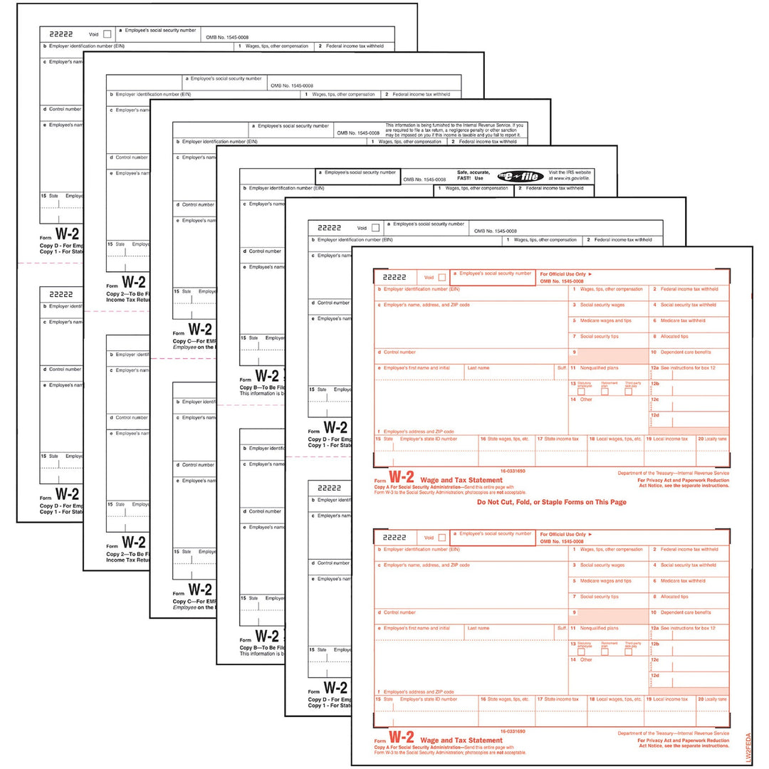 Image of Adams® 6-Part W-2 Tax Forms with Tax Forms Helper, Fiscal Year: 2024, Six-Part Carbonless, 8.5 x 5.5, 2 Forms/Sheet, 50 Forms Total