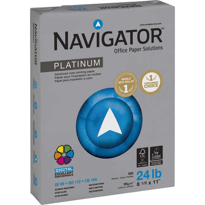 Image of Navigator® Platinum Paper, 99 Bright, 24 lb Bond Weight, 8.5 x 11, White, 500 Sheets/Ream, 5 Reams/Carton