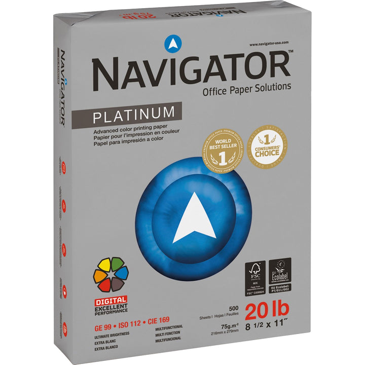 Image of Navigator® Platinum Paper, 99 Bright, 20 lb Bond Weight, 8.5 x 11, White, 500 Sheets/Ream, 10 Reams/Carton
