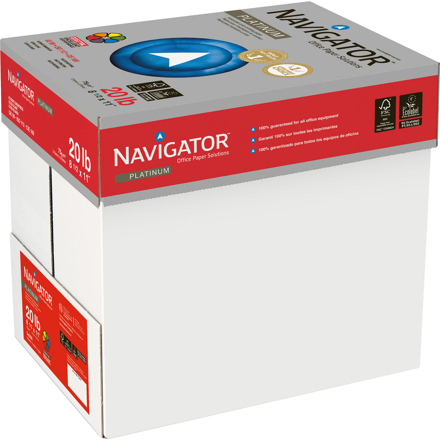 Image of Navigator® Platinum Paper, 99 Bright, 20 lb Bond Weight, 8.5 x 11, White, 500 Sheets/Ream, 10 Reams/Carton