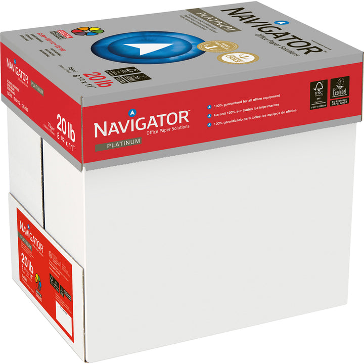 Image of Navigator® Platinum Paper, 99 Bright, 20 lb Bond Weight, 8.5 x 11, White, 500 Sheets/Ream, 10 Reams/Carton
