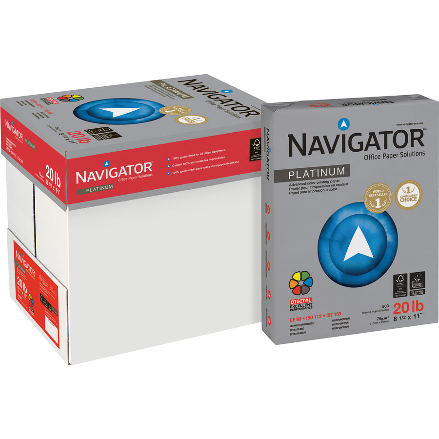 Image of Navigator® Platinum Paper, 99 Bright, 20 lb Bond Weight, 8.5 x 11, White, 500 Sheets/Ream, 10 Reams/Carton