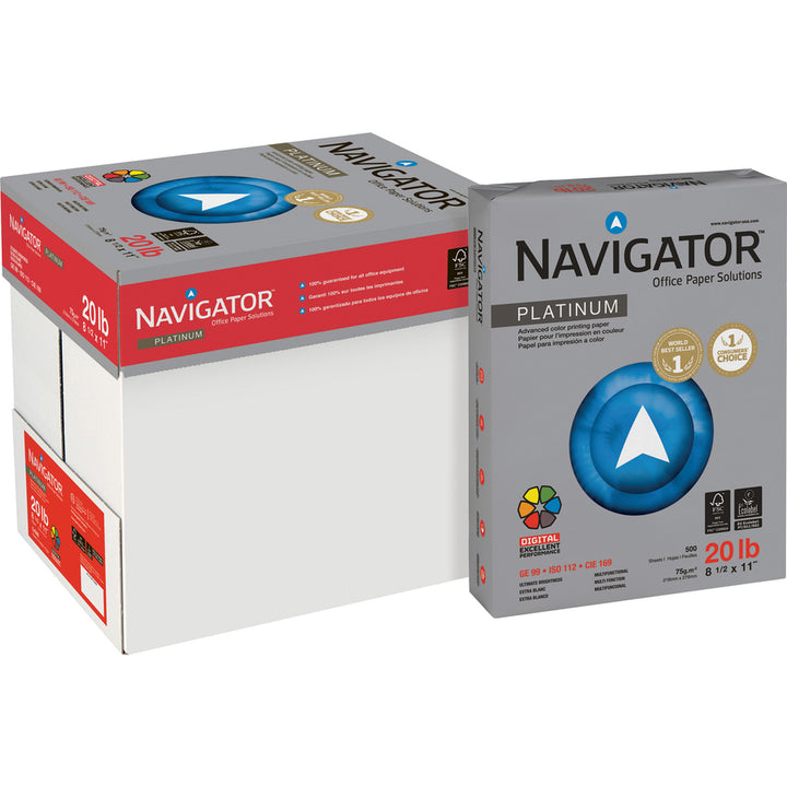 Image of Navigator® Platinum Paper, 99 Bright, 20 lb Bond Weight, 8.5 x 11, White, 500 Sheets/Ream, 10 Reams/Carton