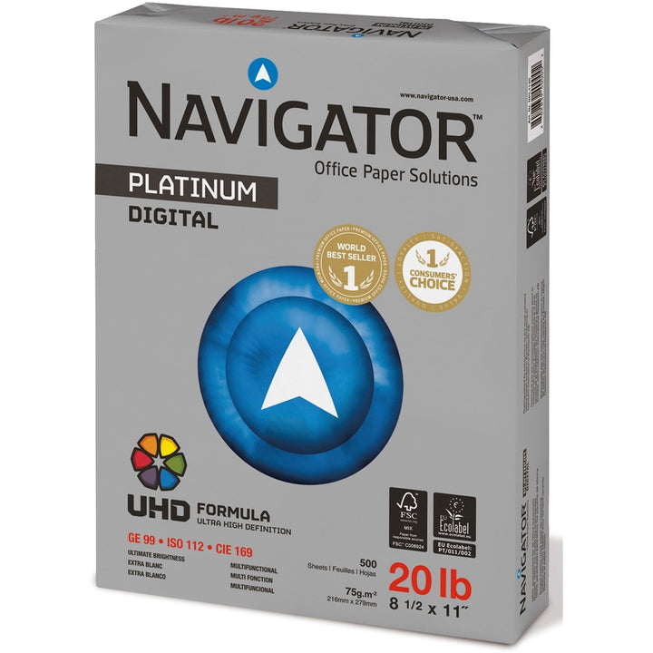 Image of Navigator® Platinum Paper, 99 Bright, 20 lb Bond Weight, 8.5 x 11, White, 500 Sheets/Ream, 10 Reams/Carton