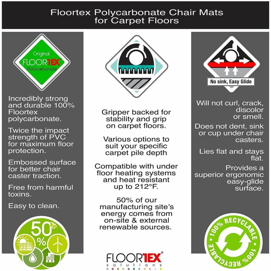 Image of Floortex® Chairmat, w/Grippers, Low/Med Pile, Rectangular, 48"x53", CL