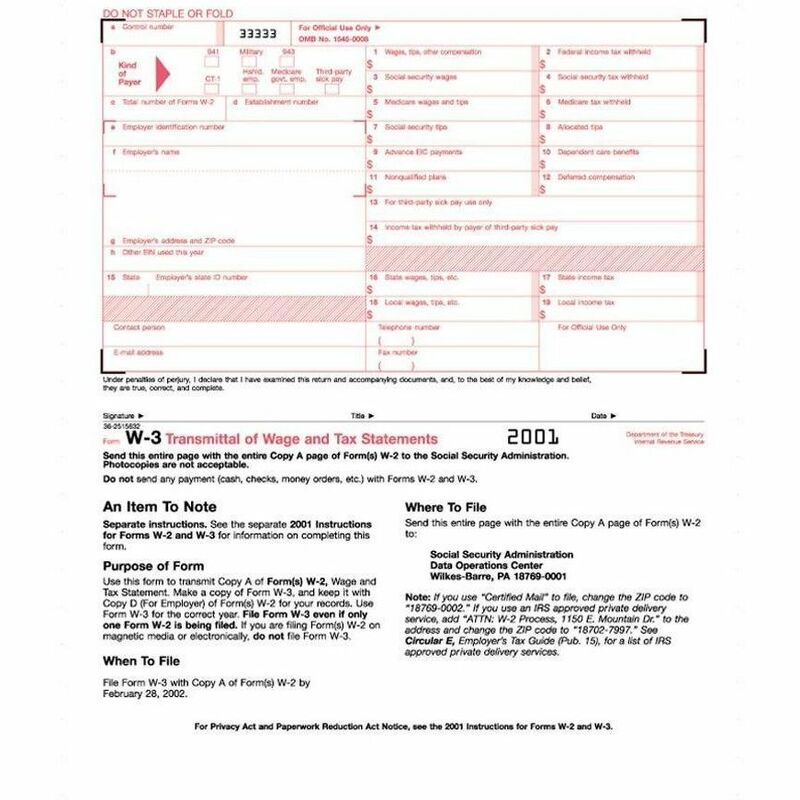 Image of Tops W-3 Tax Form, 2-Pt Form With Carbons, 10/PK