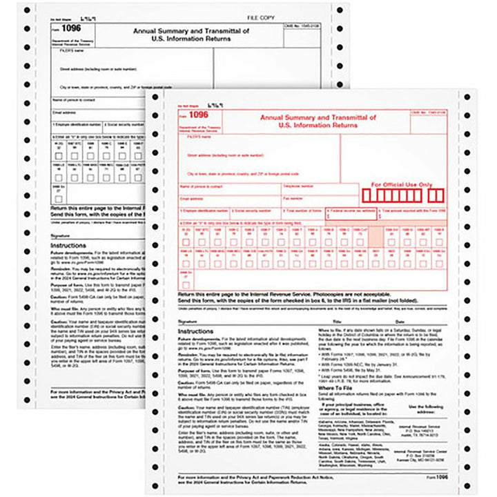 Image of Adams® 2-Part 1096 Continuous Feed Tax Forms, Fiscal Year: 2024, Two-Part Carbonless, 8 x 11, 10 Forms Total