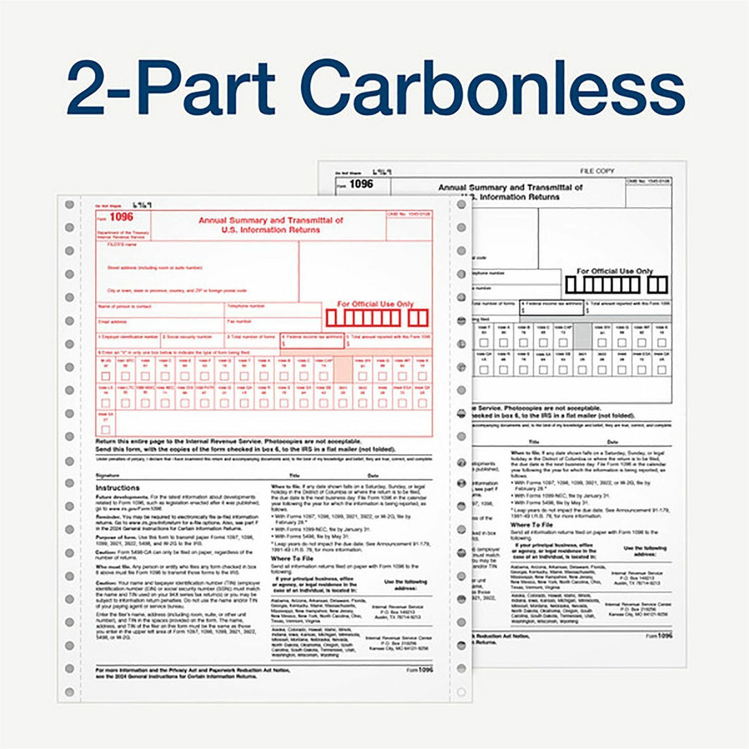 Image of Adams® 2-Part 1096 Continuous Feed Tax Forms, Fiscal Year: 2024, Two-Part Carbonless, 8 x 11, 10 Forms Total