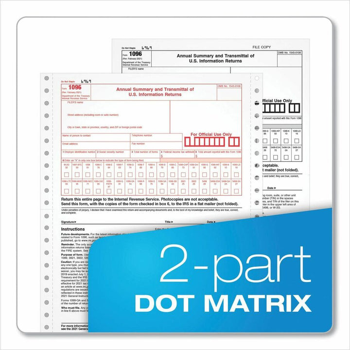 Image of Adams® 2-Part 1096 Continuous Feed Tax Forms, Fiscal Year: 2024, Two-Part Carbonless, 8 x 11, 10 Forms Total