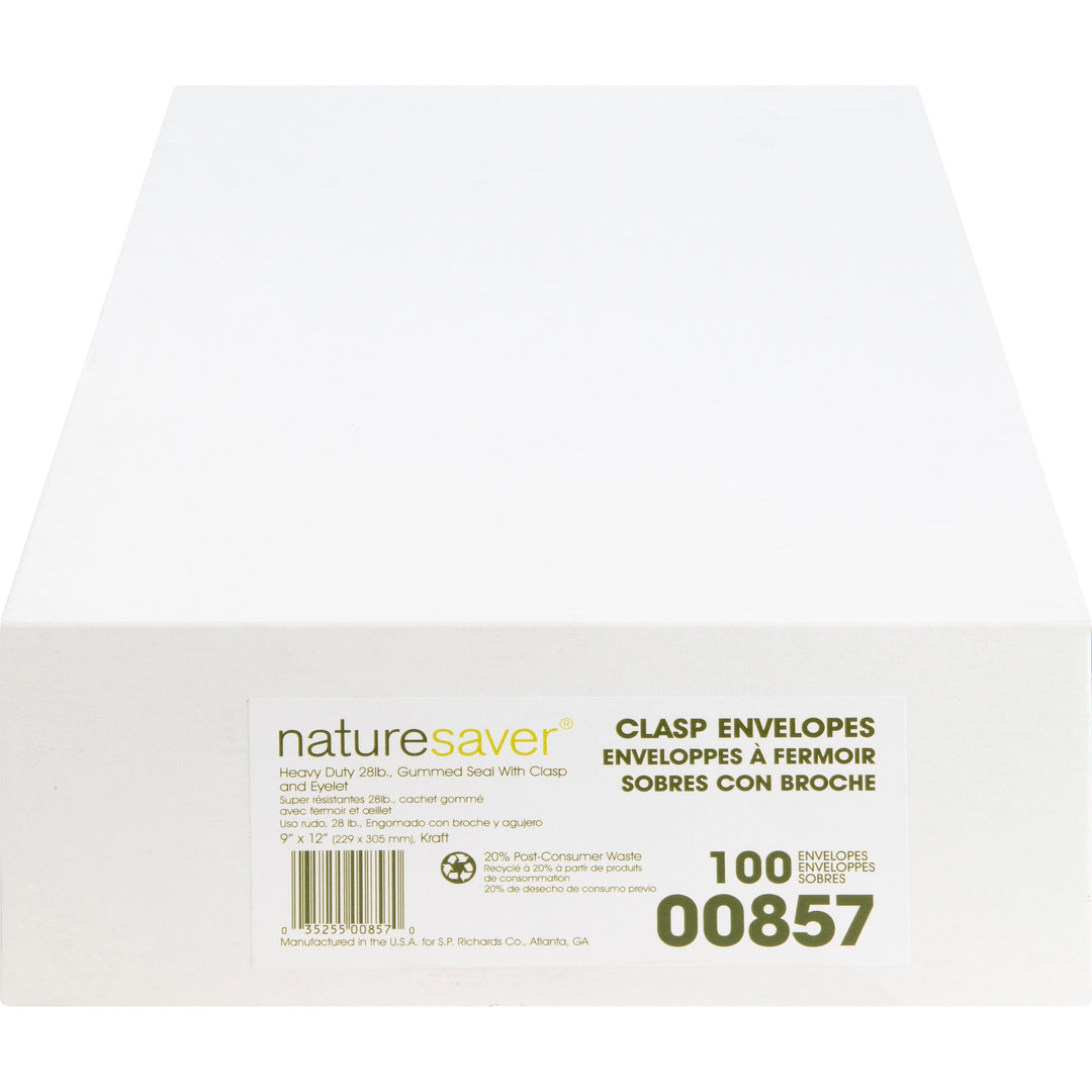 Image of Nature Saver 00857 Recycled Clasp Envelopes, Clasp, #90, 9" W x 12" Length, 28 lb, Clasp, Yellow, Kraft, 100 / Box