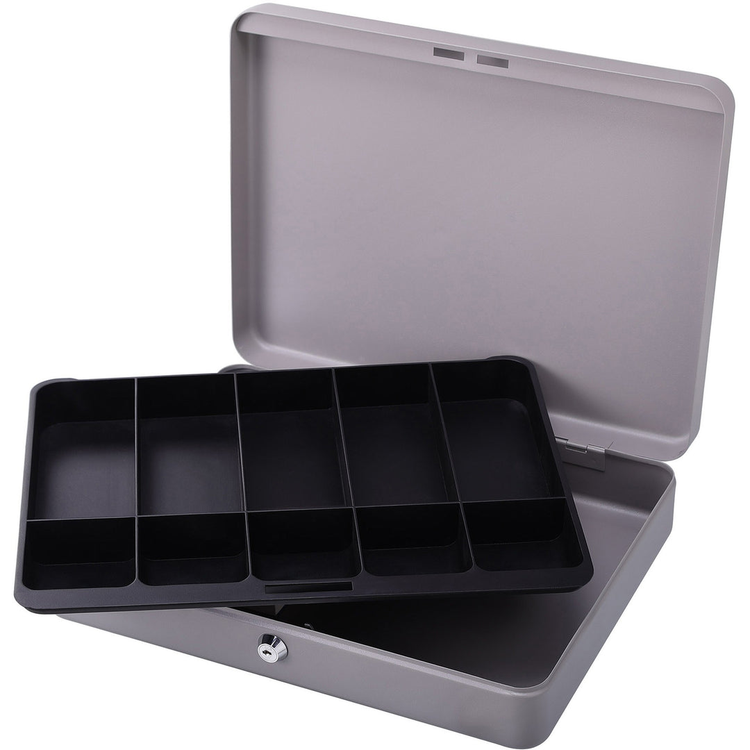 Image of Sparco Cash Box,w/ 2 Keys,10 Compartments,15-2/5"x10-1/2"x2-1/4,GY