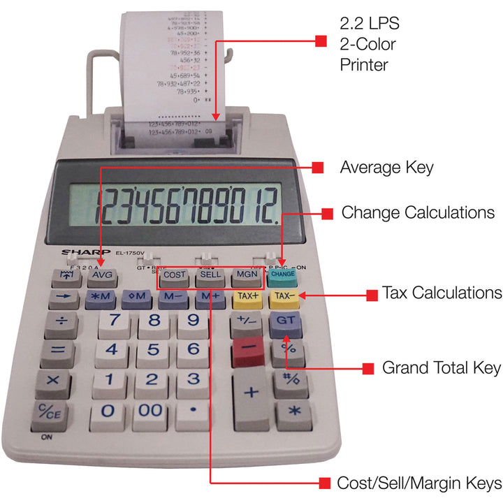 Image of Sharp® El-1750v Two-Color Printing Calculator, Black/red Print, 2 Lines/sec