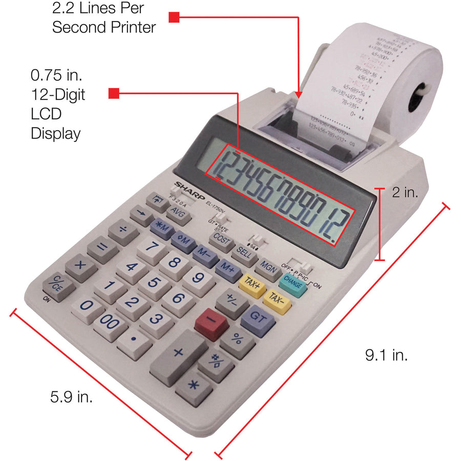 Image of Sharp® El-1750v Two-Color Printing Calculator, Black/red Print, 2 Lines/sec
