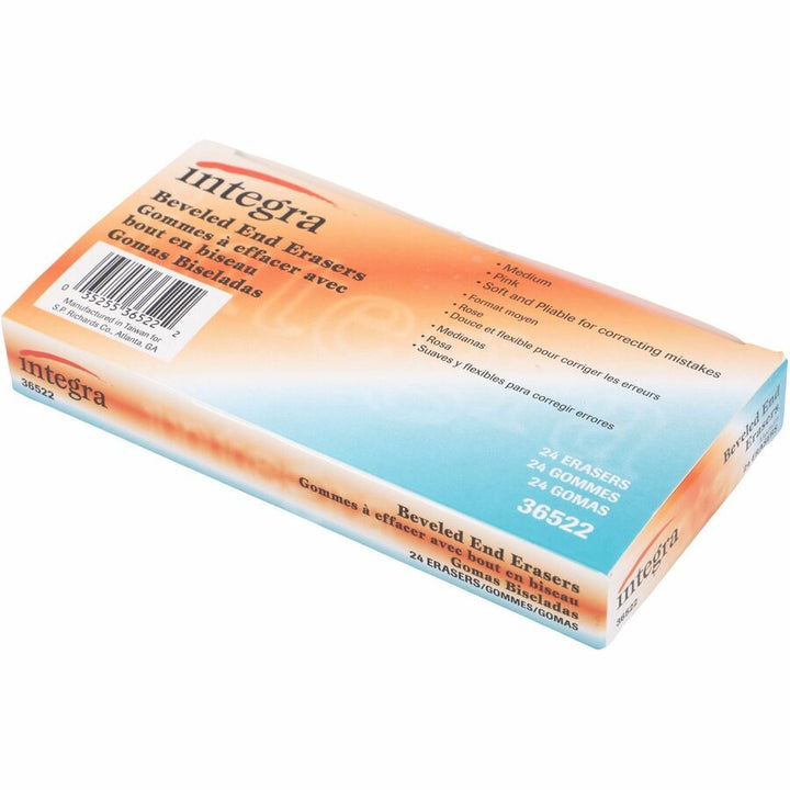 Image of Integra 36522 Pink Pencil Eraser, Pink, 2" W x 0.8" H x 0.4" Depth, 24 / Box, Soft, Pliable, Latex-free