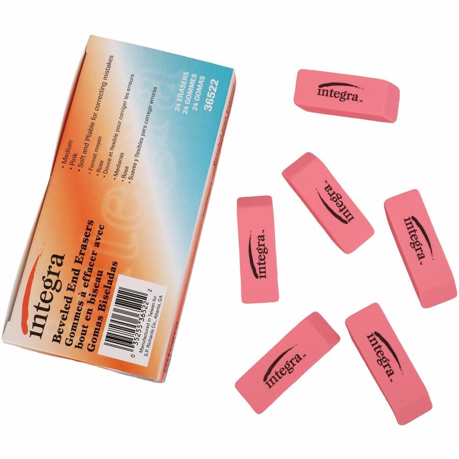 Image of Integra 36522 Pink Pencil Eraser, Pink, 2" W x 0.8" H x 0.4" Depth, 24 / Box, Soft, Pliable, Latex-free