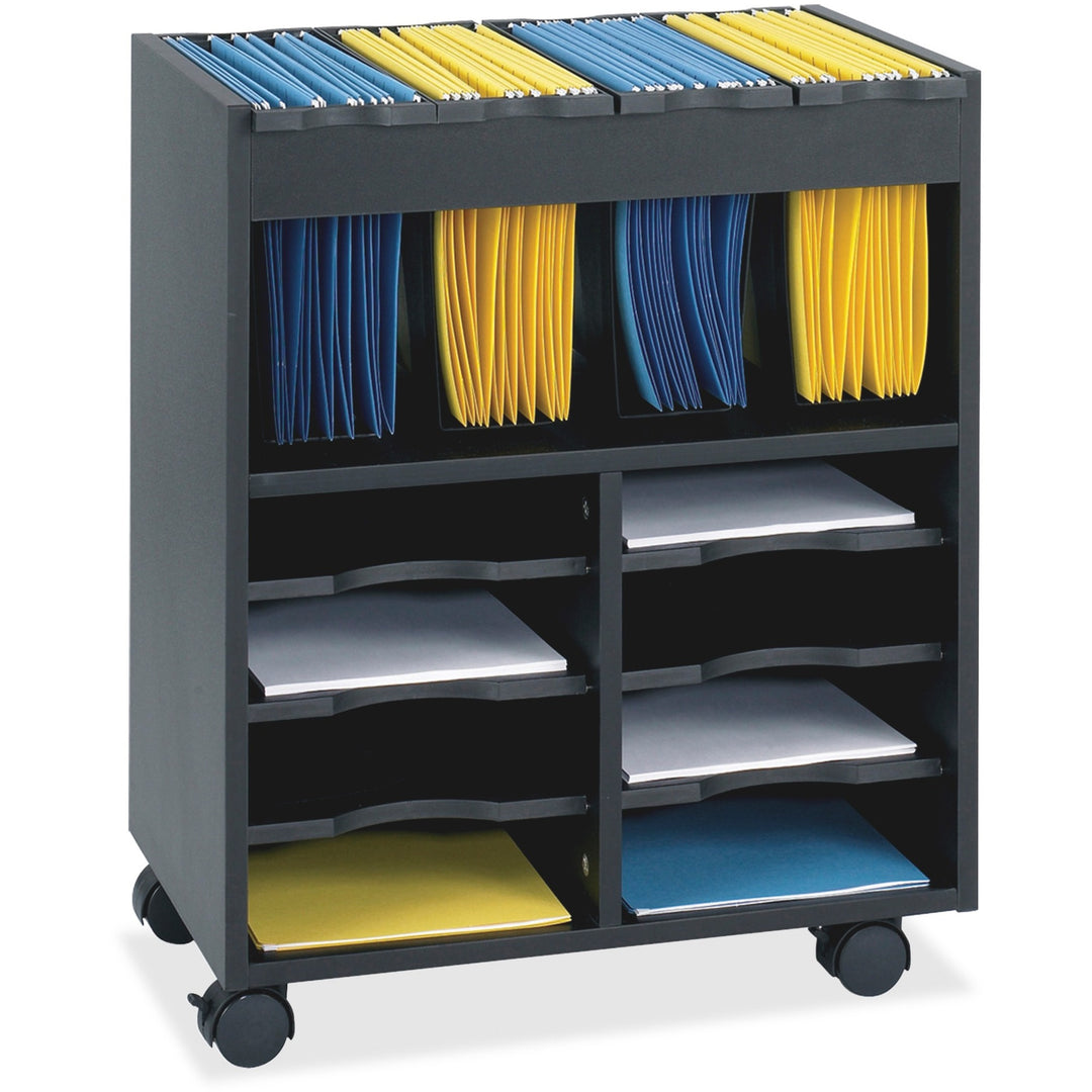 Image of Safco® Go Cart Mobile File, Engineered Wood, 8 Shelves, 4 Bins, 14.5" x 21.5" x 26.25", Black
